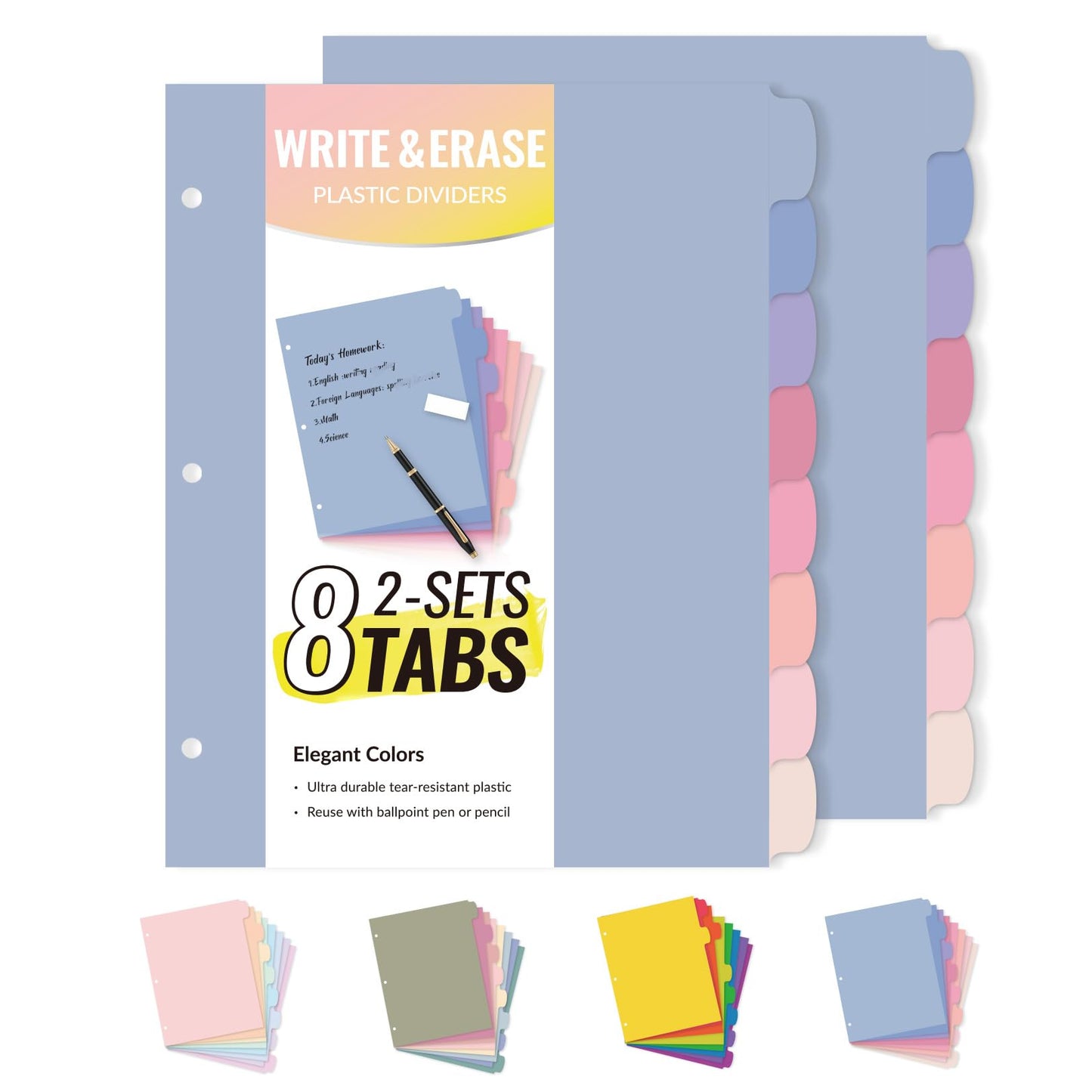 Sooez 8 Tabs Long-Lasting Plastic Write & Erase Large Tabs Dividers for 3 Ring Binder, Aesthetic Cute Pastels Binder Dividers for Student, Teacher, Office, Home Organizers, 2 Sets, Muted