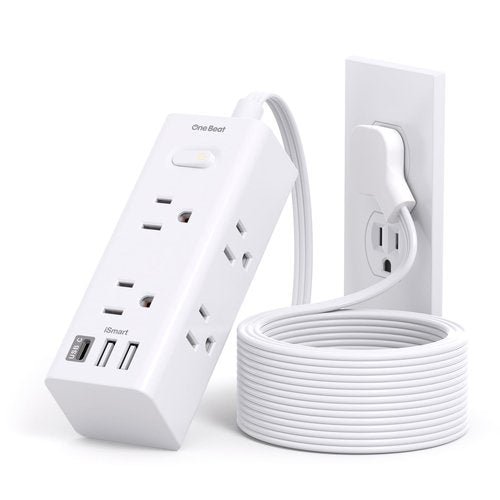 One Beat 10Ft Extension Cord with Multiple Outlets,Flat Plug Power Strip Surge Protector with 10 Ft Long Cord,6 Outlet 3 USB Ports (1USB C),Multi Outlet Wall Plug for Travel,College,Dorm Essentials
