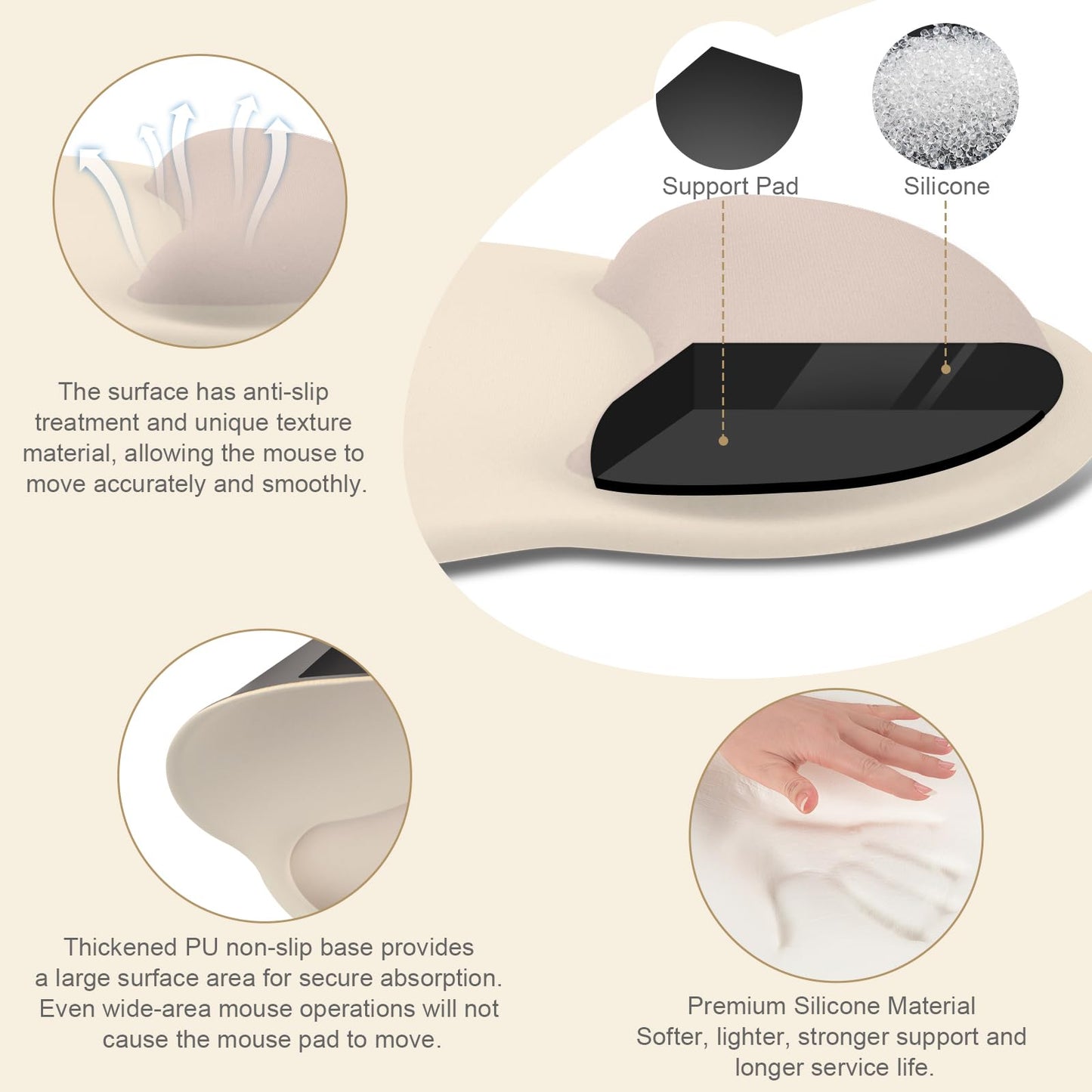 MOSISO Wrist Rest Support for Mouse Pad&Keyboard Set, Circle Curved Ergonomic Mousepad&Coaster Non-Slip Base Home/Office Pain Relief&Easy Typing Pad with Soft Cloth&Silicone Lining, Apricot