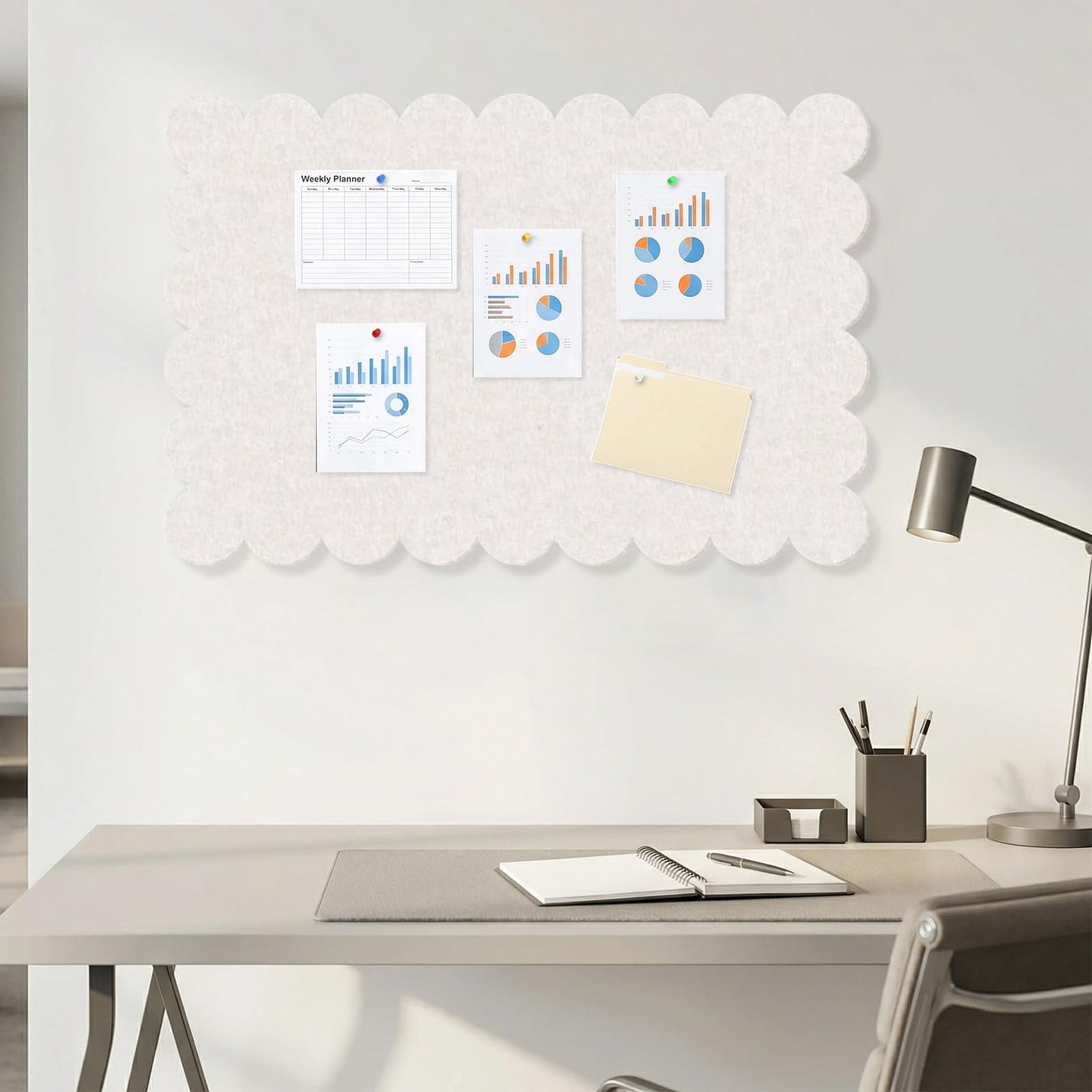 Foldable Decorative Scalloped Felt Bulletin Board 24 * 16 Inches for Wall, Alternative Photo Board Self-Adhesive Vision Board Decorative Pin Board for Wall (Light Camel)