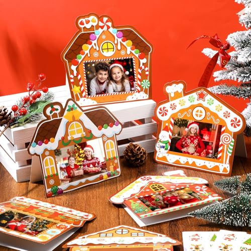 200 Sets Christmas Photo Cards with Envelopes Stickers Christmas Cards with 4 x 6 Photo Insert Picture Frame Holders for Xmas Holiday Greeting Supplies(Gingerbread House, White)
