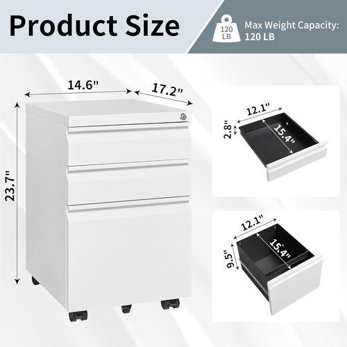 Approgreent Mobile File Cabinet - Lockable 3-Drawer Filing Cabinet with Wheels | A4/Letter/Legal Size, White