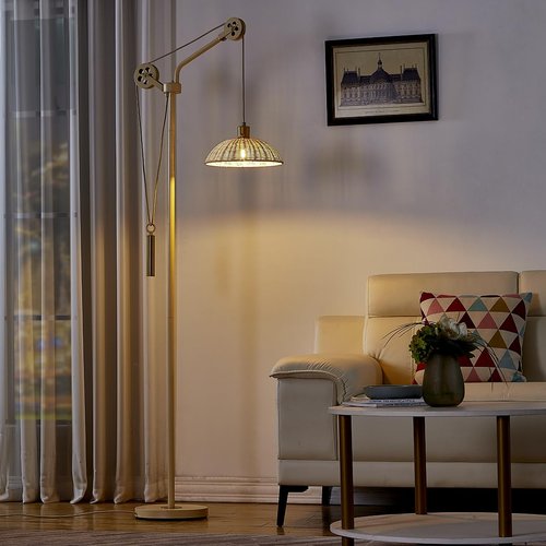 LeeZM Dimmable Rattan Floor Lamp for Living Room,Industrial Farmhouse Floor Lamps with Adjustable Rattan Shade,Modern Reading Pole Task Lamp,Arched Tall Standing Lamp for Bedroom Office,Beige