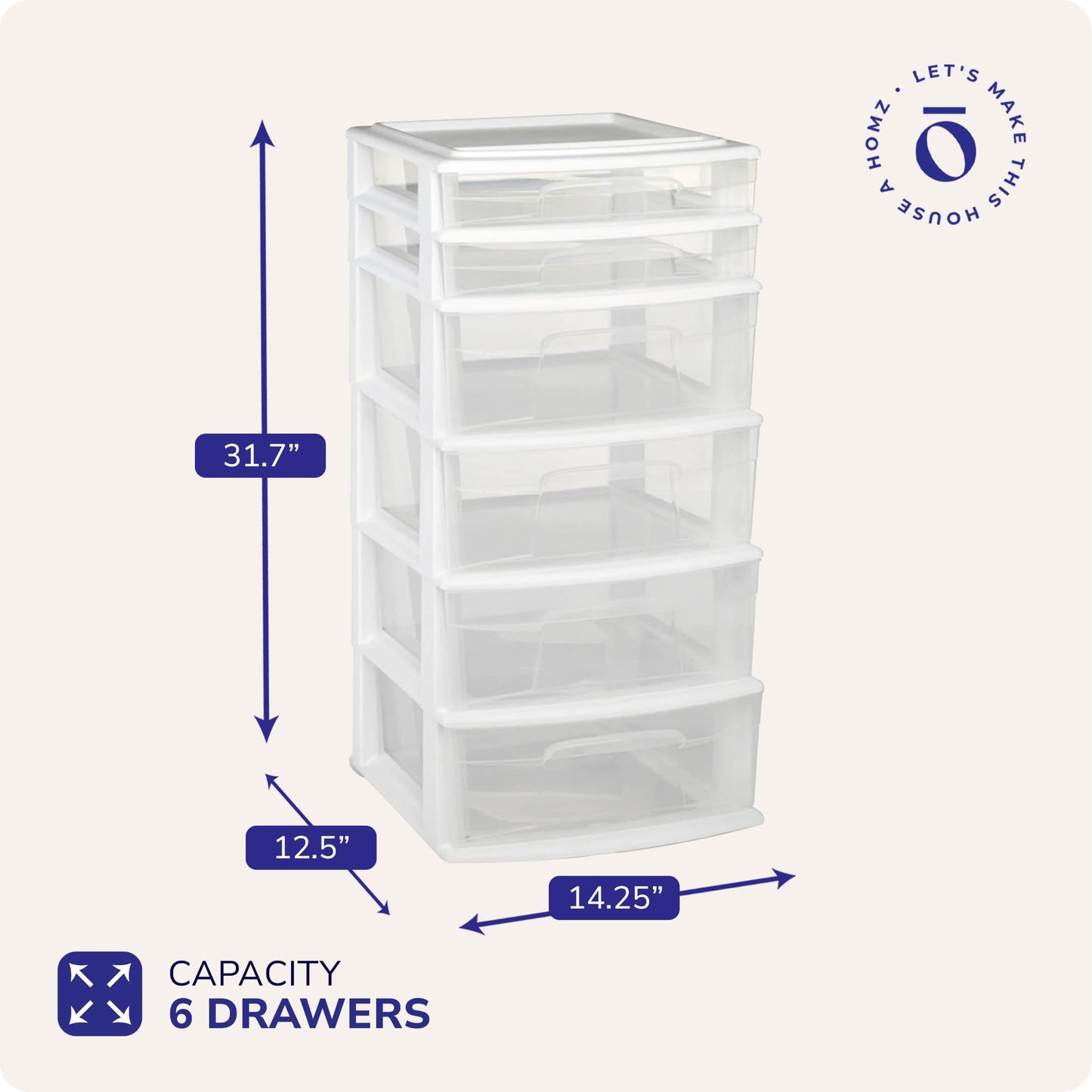 HOMZ 1-Pack Drawer Tower, 6-Tier Clear Plastic Storage Organizer Cart, White Frame - Heavy-Duty Organizing Drawers for Home, Bedroom, and Closet Organization