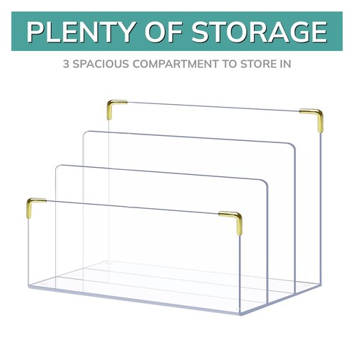pbf Acrylic File Holder | Clear File Organizer for Desk w/Gold Accents | Acrylic Desk Organizer, Folder Holder, Mail Sorter, File Stand, Magazine Divider, Laptop, Notebook, & Letter Organizer