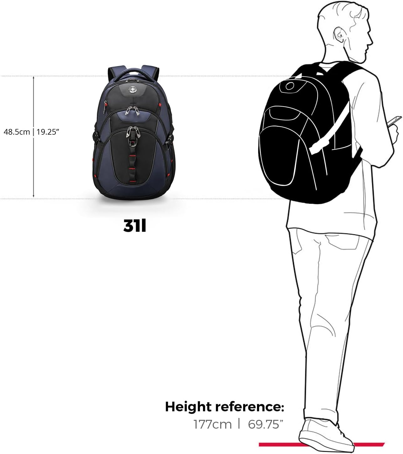 Swissdigital Laptop Backpack - USB Charging Port, Fits 15.6" Laptops, 31L Travel Bag for Men, Blue/Black | Water-Repellent SD803-12