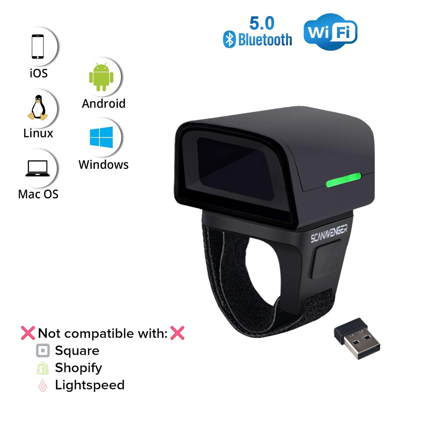 ScanAvenger 1D 2D QR Ring Barcode Scanner – Wearable Mini Bluetooth Wireless Finger Reader, USB & 2.4GHz, Compatible with iOS, Android, Windows, for Warehouse, Store & Inventory Use