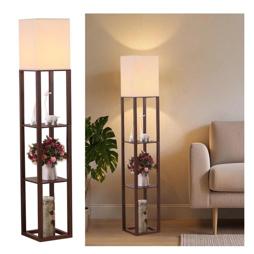 HomeFocus - Floor Lamp with Shelves, Shelf Floor Light with LED Bulb, Modern Wood Shelf Standing Lamp, Corner Display Floor Lamp for Living Room, Bedroom, Office, Linen White Shade, Wood, Brown.