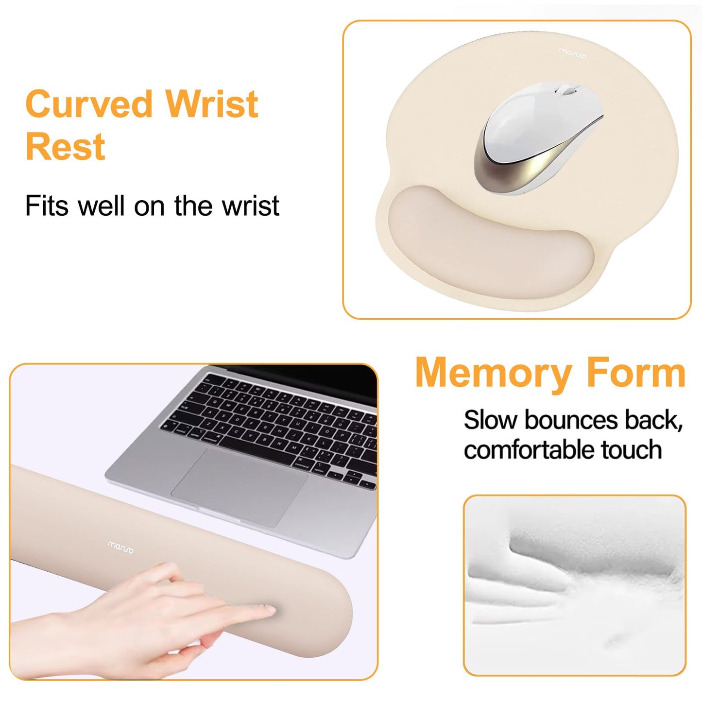 MOSISO Wrist Rest Support for Mouse Pad&Keyboard Set, Circle Curved Ergonomic Mousepad&Coaster Non-Slip Base Home/Office Pain Relief&Easy Typing Pad with Soft Cloth&Silicone Lining, Apricot
