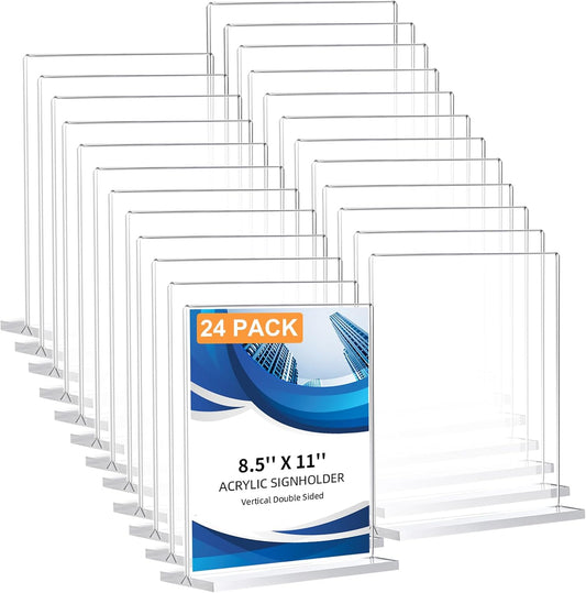 24 Pack Acrylic Sign Holder - Double-Sided Clear Display Stands | 8.5 x 11 T-Shape for Office & Events