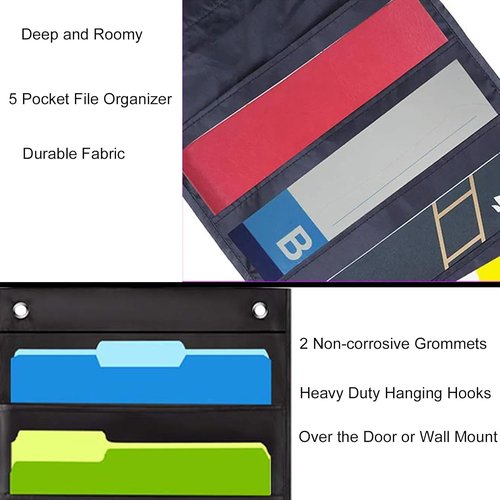 Oxford Wall File Organizer - 5 Pocket Hanging Storage Solution for Classroom, Home & Office - Black