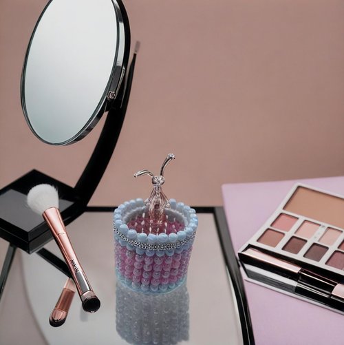 Ruesr Decorative Beaded Pen Holder, Pink and White Pearl Design with Bunny Accent, Desktop Organizer, Handcrafted Office Accessory