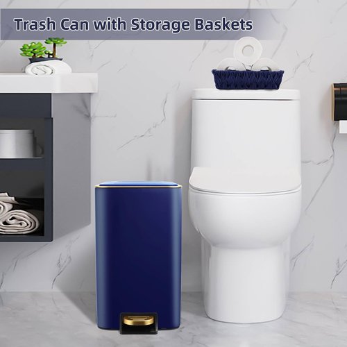 XLHOMO Small Bathroom Trash Can with Lid Soft Close, 1.8 Gallon Stainless Steel Garbage Can with Removable Inner Bucket,Wicker Storage Baskets,75Count Trash Bags, Slim Step Pedal Trash Bins