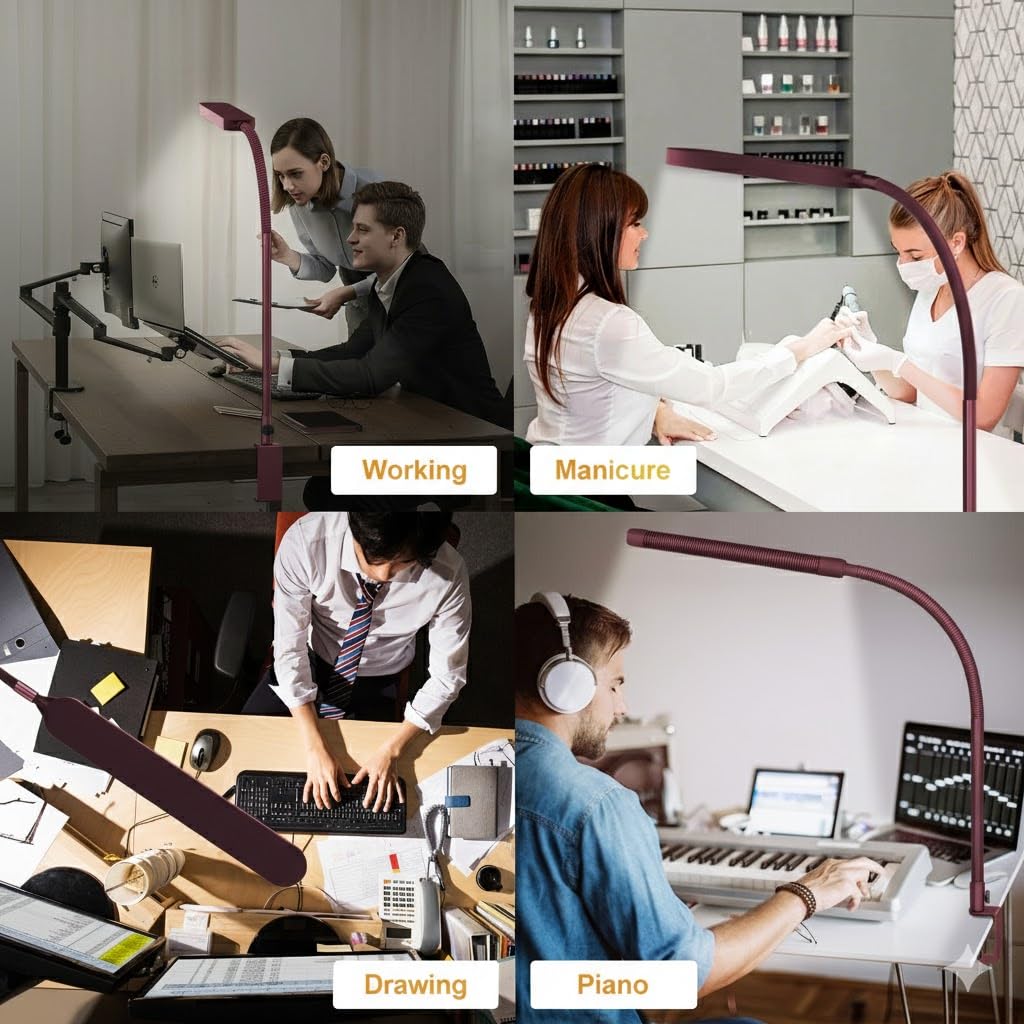 SKYLEO LED Desk Lamp - Desk Light for Home Office - Flexible Gooseneck - 5 Color Modes X 11 Brightness Levels - 1300LM - Timmer & Memory Function - 12W Clip on Light - Red