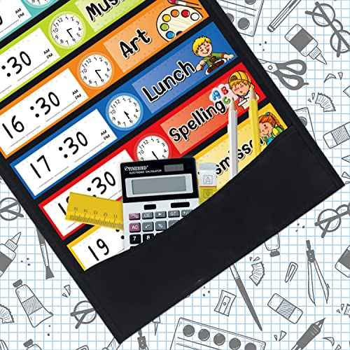Daily Schedule Pocket Chart Kit,40 Bright Attractive Double-Sided Reusable Erasable Cards,1 Title Card,13+1 Scheduling Pocket Chart with 2 Hangers for Classroom Office Home Preschool Learning (Black)