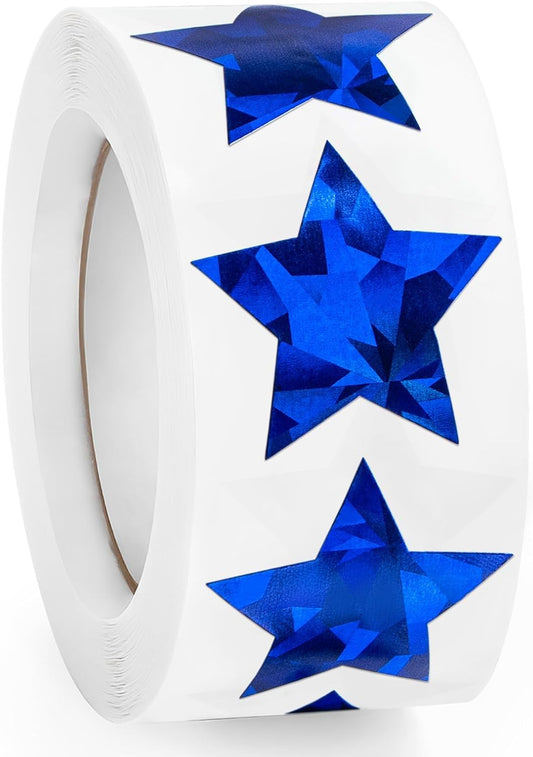Skiennix Holographic Blue Star Stickers - 500 PCS Self-Adhesive Glitter Foil Labels for Kids & Teachers