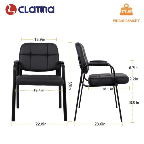 CLATINA Contemporary Leather Chair, Set of 2 - Black, Reception, Office, Guest, Waiting Room, No Wheels, Padded Arms, 275 lbs Capacity