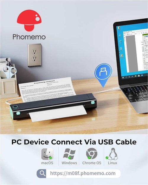 Phomemo Portable Printers Wireless for Travel, M08F Thermal Bluetooth Printer Support for 8.5"x11" US Letter, Small Inkless Printer Compatible with iOS, Android, Laptop for Car, Office, Home
