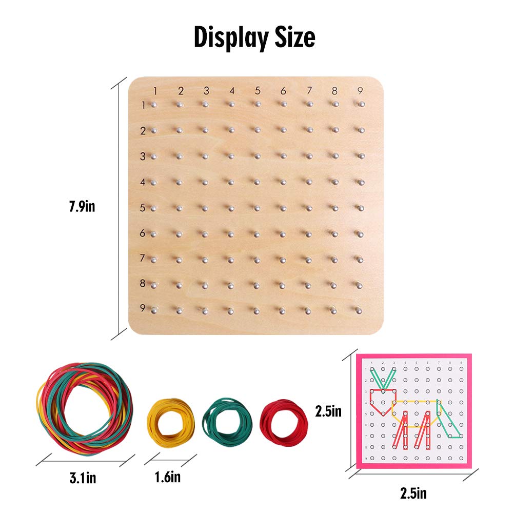 Skrtuan Wooden Geoboard with Pattern Cards & Rubber Bands, Montessori STEM Educational Toy for Kids 3-5 5-8 Years Old, Brain Teaser Puzzle Game for Geometry Learning and Creative Shapes