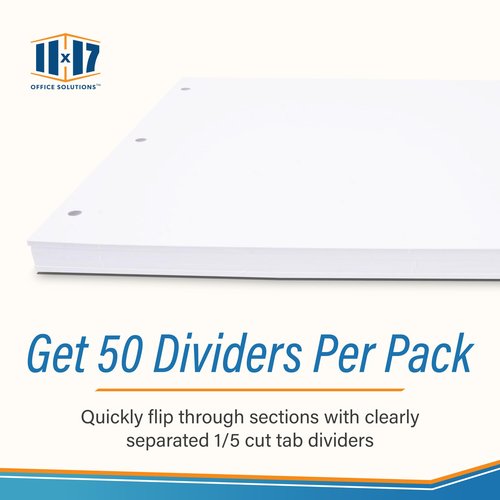 11x17 Binder Dividers with Tabs - 50pc White 5 Tabbed Inserts, Thick Card with 3 Pre-Punched Holes. Folder Index Dividers for Large Format Tabloid, Ledger Documents. Landscape, Horizontal Orientation