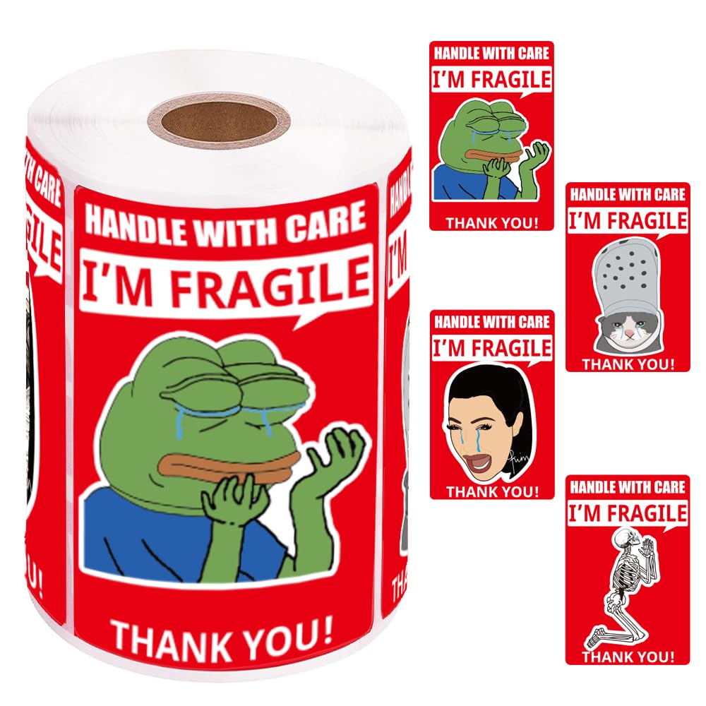 3x2 Inch Funny Fragile Stickers for Shipping - Cry Meme Design, 500 Strong Adhesive Labels, Handle with Care Stickers for Moving and Packaging (1 Roll)