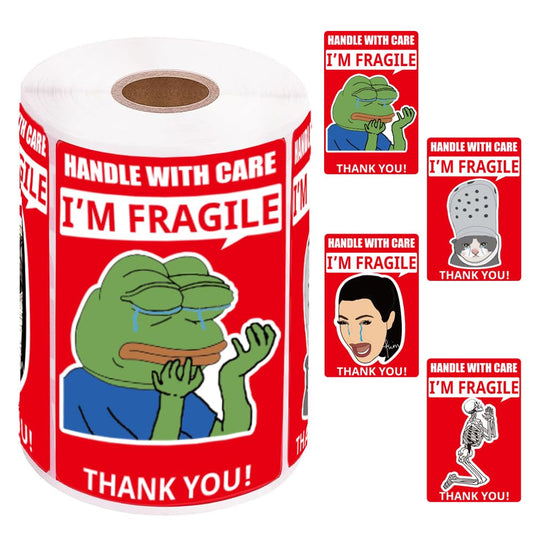 3x2 Inch Funny Fragile Stickers for Shipping - Cry Meme Design, 500 Strong Adhesive Labels, Handle with Care Stickers for Moving and Packaging (1 Roll)