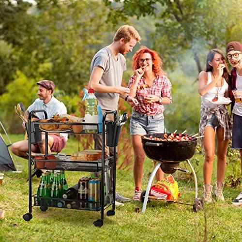 3 Tier All-Metal Rolling Utility Cart with Locking Wheels,Easy-Carry and Assembly Mesh Trolley Cart with 2 Small Baskets and 4 Hooks for Bathroom Kitchen Office Balcony,Slide-Out Narrow Shelf