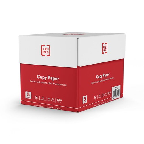 Staples TRU RED Copy Paper, 8.5" x 11" Sheet Size, 92 Brightness, 20 lbs., Smooth Finish White Paper (500 Sheets/Ream, 5 Reams/Carton)