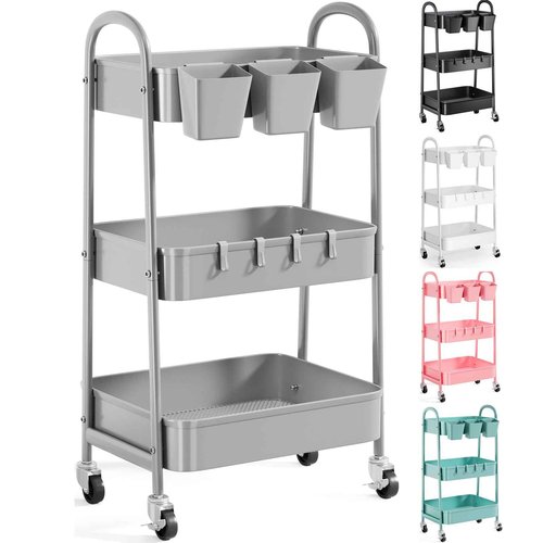3 Tier Gray Metal Rolling Cart, Mesh Storage Cart with Handle and Lockable Wheels, Multifunctional Three Tiered Utility Organizer Carts for Kitchen, Office, Bathroom, Craft, Art, Snack, Baby Supplies