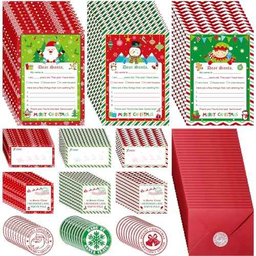 Harloon 150 Pcs Letter to Santa Writing Kit Christmas Wish List Snowman Elf Xmas Letter Paper Stationery with Sticker Nice Naughty Snowflake Envelopes Christmas List for Holiday Greeting Supplies