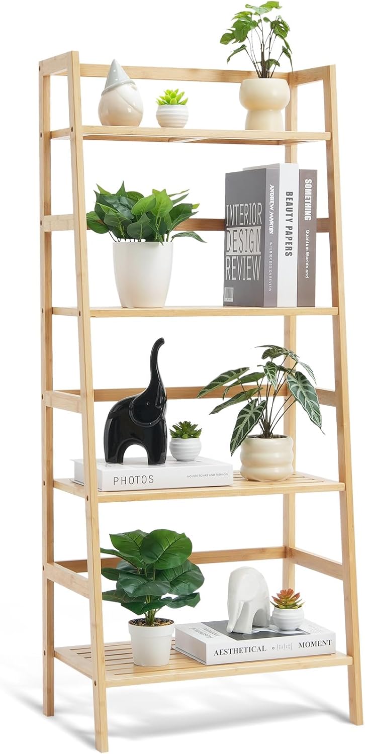 VEVOR 4-Tier Bamboo Ladder Shelf - Stylish Trapezoid Bookcase & Plant Stand | Natural Wood Finish