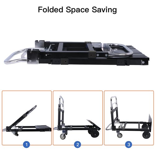 Heavy Duty Folding Hand Truck, Convertible Hand Truck Dolly Cart, Aluminum Dolly Cart for Moving Luggages, Boxes, Large Cartons, 600 Lbs Load Capacity (Black)