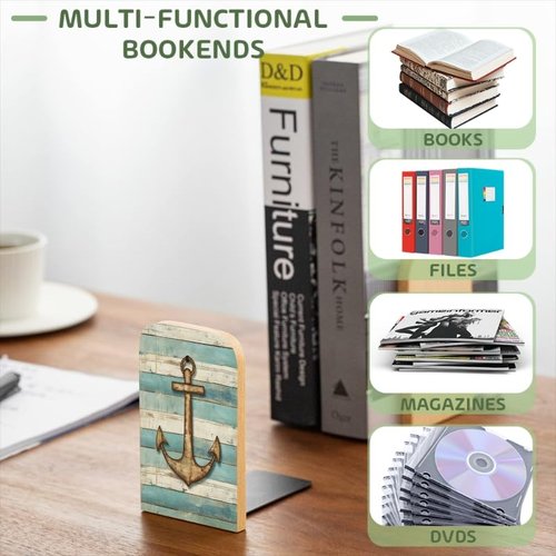 Wood Bookends Non-Slip Bookends Book Stand for Shelves Books/CD - Rustic Anchor Wood Grain