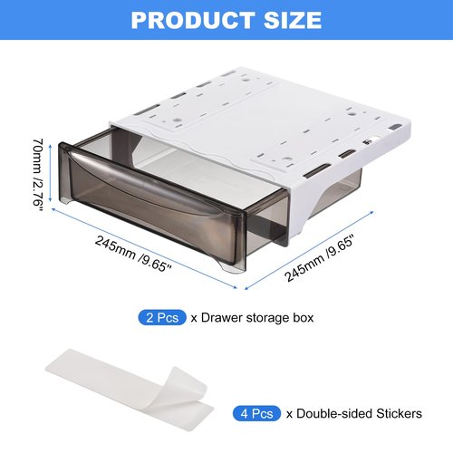 uxcell Under Desk Drawer, 2Pcs - Plastic Self-Adhesive Under Desk Storage Organizer, Slide Out Stationery Storage for Office Home (Black, 245x245 MM)