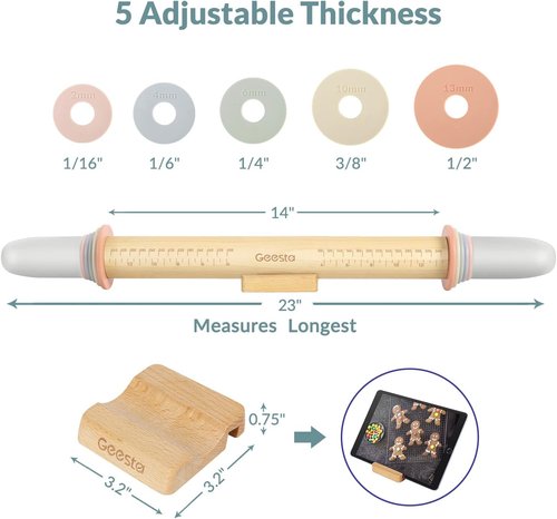 Geesta Adjustable Wood Rolling Pin - 5 Thickness Rings for Precise Dough Rolling | Ideal for Baking Cookies, Pie Crusts, and Fondant
