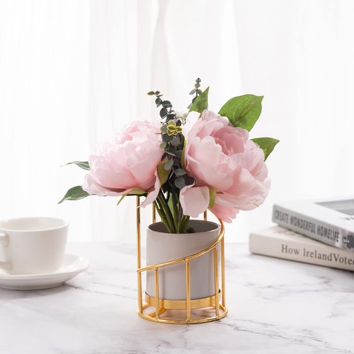 Engree White and Gold Pen Holder for Desk, Pencil Cup, Ceramic Pen Holder with Metal Frame, Makeup Brush Holder for Girls Women, Aesthetic Pencil Holder for Office Desk Accessories