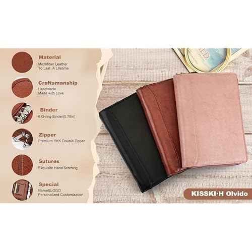 KISSKI Small A5 Planner Binder Portfolio for Men, 6 Ring Leather Zippered Padfolio Organizer with 1pc Notepad, Resume Document Folders for 5.5 x 8.5 Notepad, Tablet for iPad mini/iPad Air 2, Black