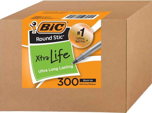 BIC Round Stic Xtra Life Ballpoint Pens, Bulk Pack of Black Ink Pens, Medium point 1.0 mm, Pack of 300