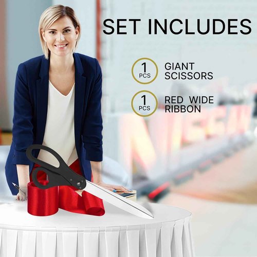 Giant Ribbon Cutting Ceremony Kit - Big 25 Inch Black Grand Opening Scissors and Red Satin Ribbon for Special Events Business Openings and Inaugurations