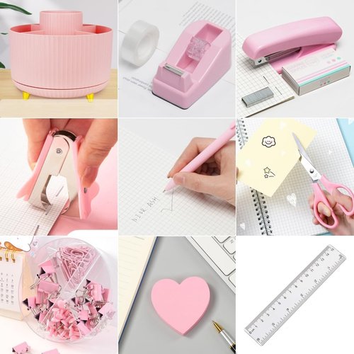 Pink Office Desk Accessories, 15pcs Office Supplies 360°Pen Holder Desk Organizers and Accessories with Pink Stapler and Tape Dispenser Set, Cute Desk Accessories for Women Gift Set