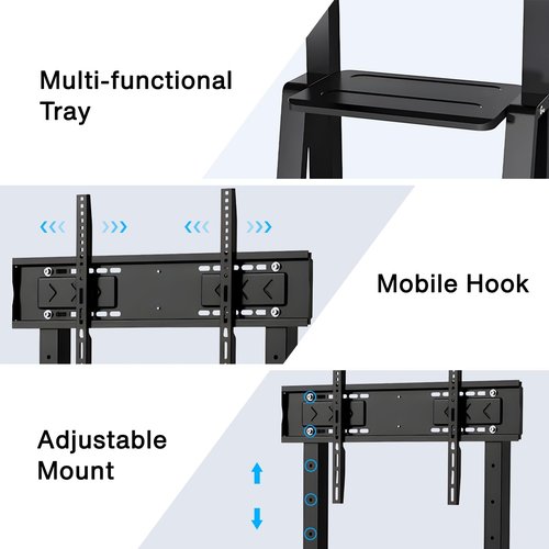 Mobile Height-Adjustable Stand with Locking Wheels for 43-65" Office Screens | Dual Steel Shelves | 176lbs Capacity | Heavy-Duty for Conference Rooms & Presentations