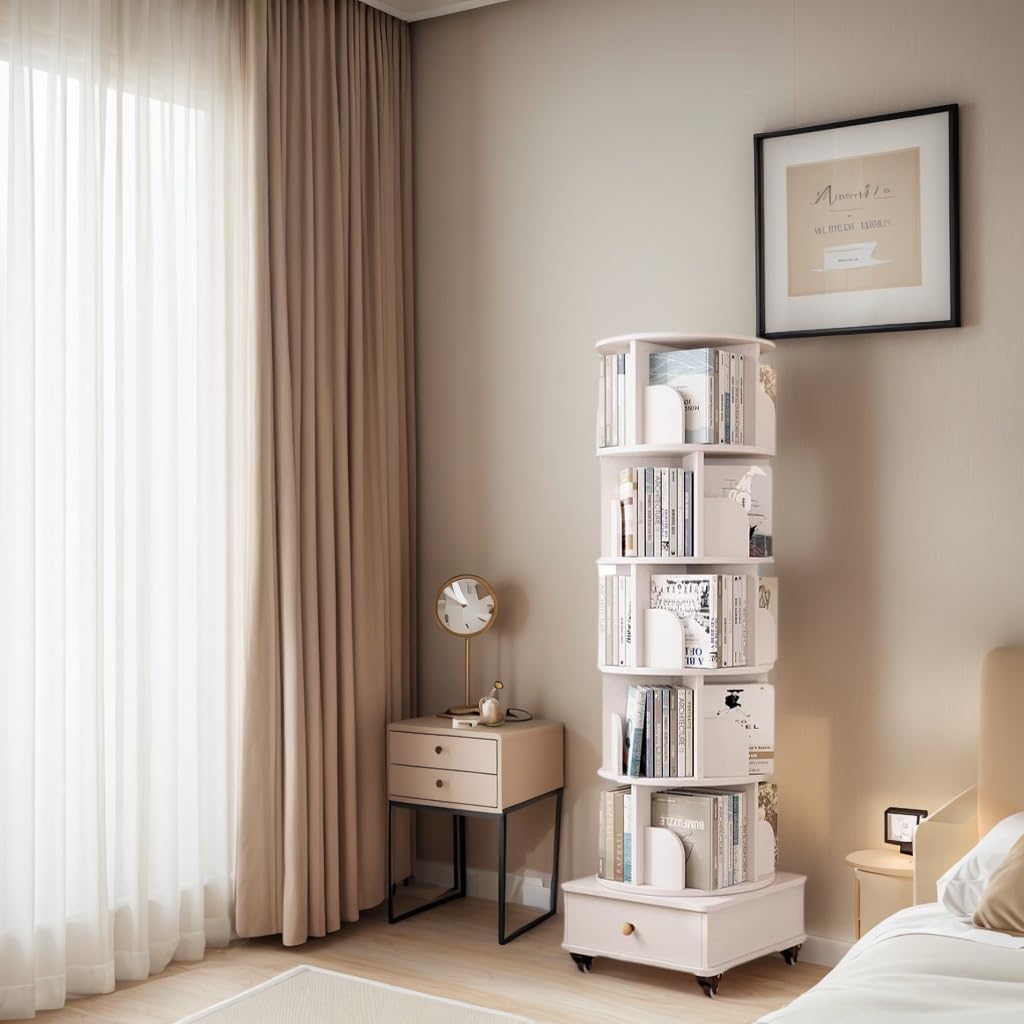 Ywin 6 Tier Solid Wood Rotating Bookshelf with Wheels, 360°Spinning Book Shelf Tower with Storage Cabinet,Round Revolving Bookcase Organizer, Rolling Bookshelves for Small Spaces, Corner, Bedroom