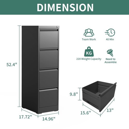 FLIXELIO 4 Drawer File Cabinet with Lock,Metal Vertical Filing Cabinets for Home Office,Heavy Duty File Storage Cabinet for Letter/Legal/A4/F4 Size File,Assembly Require (Black, Vertical 4 Drawer)