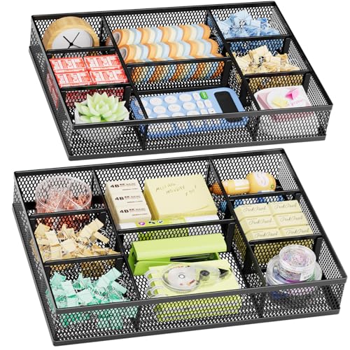 Marbrasse Black 2-Pack Mesh Drawer Organizer with Adjustable Dividers for Office & Makeup