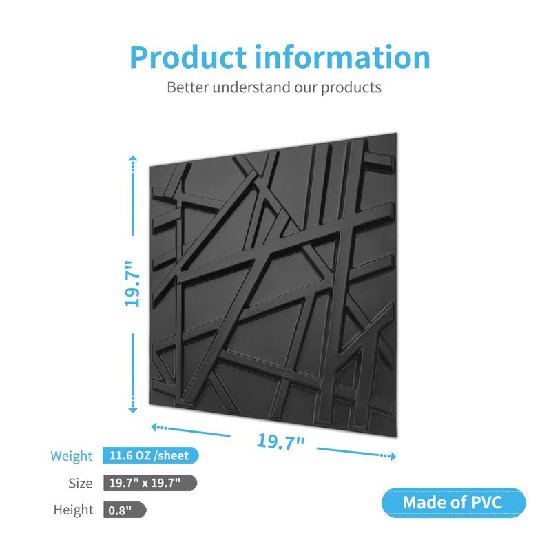 Art3d 19.7" x 19.7" (Pack of 12) Wall Panel Stripes, Black