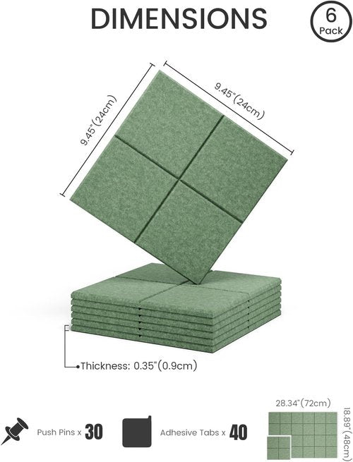 Fluxynara Felt Bulletin Board Tiles - 28"x18" Cork Board Alternative | Moss Green Wall Organizer 6-Pack