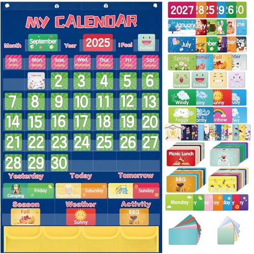 Blue Classroom Calendar Pocket Chart for Elementary with 144 Colorful Cards