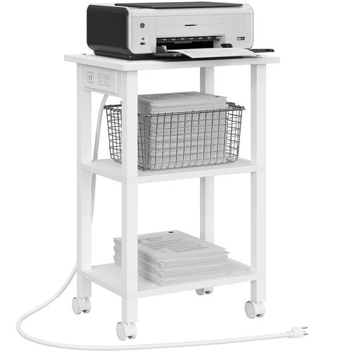 TUTOTAK 3 Tier Printer Stand, Rolling Printer Cart with Power Outlets and USB Ports, Mobile Printer Table with Wheels, for Under Desk, Office, Home, White PS02BW001