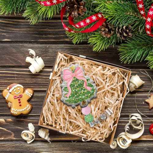 Christmas Tree Badge Reel with Retractable Clip, Cute Pink Bow Holiday Nurse ID Card Badge Holder, Glitter Name Tag Badge Reels for Women Nursing Accessories Student Teacher Gifts