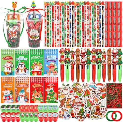 LiYiQ 247 Pcs Christmas Return Gifts for Birthday, Student Stationery Gifts from Teacher, Classroom Gifts Pencil Erasers Notesbook Stickers for Christmas Classroom Birthday Goodie Bags Rewards Prizes